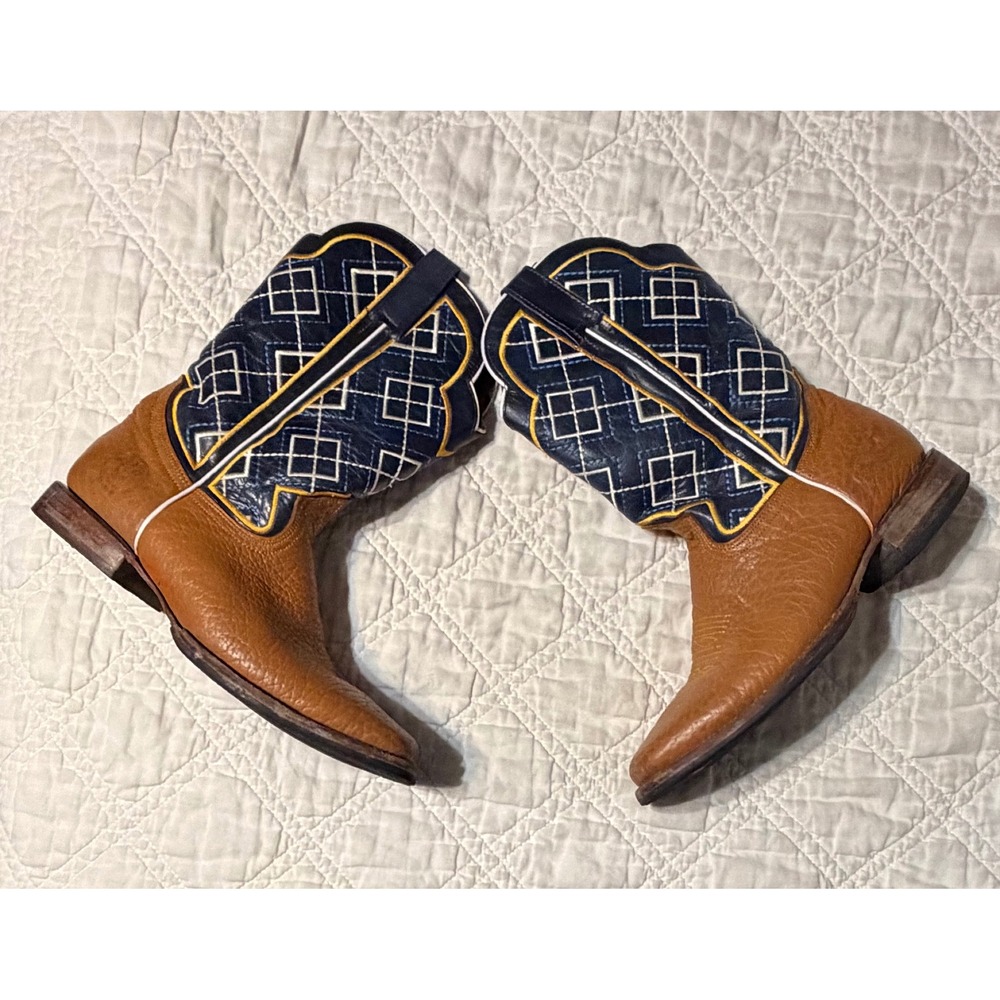 Alfa Western Boots Men 9.5 Wide 2EE Brown Navy Blue Square Toe Cowboy Leather
